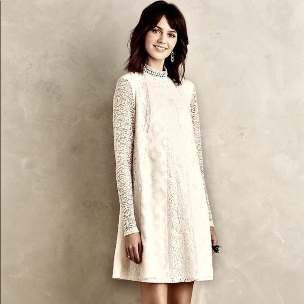 Anthropologie Long Sleeve White Lace Shift Dress